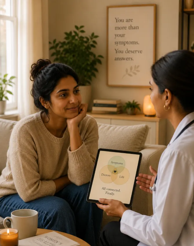 Two women discussing health information on a tablet